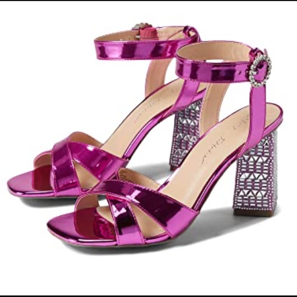 Betsey Johnson Pink Heels Bling Buckle Embellished Block Heel Dress Sandals